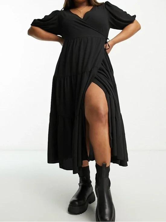 NWT ASOS Curve Black Tiered Wrap Midi Dress - Picture 2 of 6